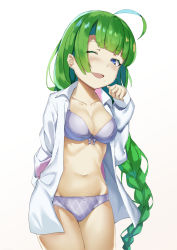 Rule 34 | 1girl, ahoge, blue eyes, blush, bow, bow panties, bra, braid, breasts, cleavage, commentary request, cowboy shot, dress shirt, frilled panties, frills, green hair, groin, highres, kantai collection, leaning forward, long hair, looking at viewer, medium breasts, mole, mole under mouth, navel, one eye closed, open clothes, open mouth, open shirt, panties, plaid, plaid panties, pooor (stillul711), purple bra, purple panties, shirt, simple background, single braid, smile, solo, underwear, very long hair, white background, white shirt, yuugumo (kancolle)