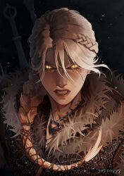 1girl absurdres angry artist_name braid braided_ponytail ciri clenched_teeth highres jelroyyy looking_at_viewer portrait slit_pupils solo sword teeth the_witcher_(series) the_witcher_4 weapon weapon_on_back white_hair witcher_medallion yellow_eyes