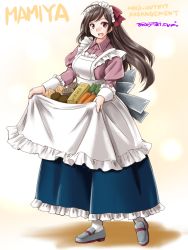 Rule 34 | 1girl, adapted costume, ahoge, alternate costume, apron, apron hold, artist name, blue skirt, bow, box, brown hair, carrot, character name, commentary request, enmaided, frilled apron, frilled skirt, frills, full body, hair bow, hair ornament, hairclip, kantai collection, long hair, long skirt, long sleeves, maid, maid headdress, mamiya (kancolle), one-hour drawing challenge, open mouth, pink shirt, ponytail, potato, puffy sleeves, red bow, red eyes, shirt, skirt, smile, solo, standing, tatsumi ray, white apron