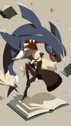Rule 34 | 1girl, absurdres, blonde hair, blurry, blush, book, brown coat, brown footwear, brown pants, closed mouth, coat, commentary request, creatures (company), cynthia (pokemon), eyelashes, fur-trimmed coat, fur trim, game freak, garchomp, gen 4 pokemon, grey background, hair ornament, hair over one eye, harapeko (syokuyokuousei), high heels, highres, leg up, long hair, long sleeves, looking at viewer, nintendo, pants, pokemon, pokemon (creature), pokemon dppt, smile