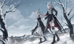 Rule 34 | 2girls, aiguillette, alina (arknights), animal ears, antlers, arknights, ascot, bare tree, black coat, black dress, black footwear, boots, breasts, building, cloud, coat, dress, epaulettes, grey eyes, grey hair, hair intakes, high heel boots, high heels, highres, holding hands, horns, knee pads, long hair, long sleeves, looking at another, mountainous horizon, multiple girls, outdoors, pouch, sash, scenery, sheath, sheathed, shirt, short hair, single knee pad, small breasts, smile, snow, sword, tail, talulah (arknights), talulah the fighter (arknights), thigh strap, tree, wading, walking, weapon, white shirt, xukong