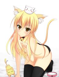Rule 34 | 1girl, animal ears, bad id, bad pixiv id, bell, neck bell, blonde hair, blush, bowl, brown eyes, cat, cat ears, cat tail, collar, derivative work, feet, highres, jingle bell, looking at viewer, milk, no shoes, original, otono fei, paw pose, pet bowl, smile, socks, solo, tail, topless
