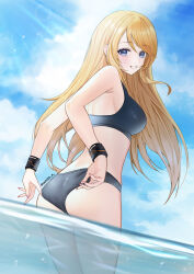 Rule 34 | 1girl, ass, bare arms, bare shoulders, bikini, black bikini, blonde hair, blue eyes, blue sky, cloud, commentary, cowboy shot, day, english commentary, grin, hair down, highres, long hair, looking at viewer, metroid, nintendo, outdoors, samus aran, sky, smile, solo, standing, swimsuit, thighs, very long hair, wading, water, yami (rear4742)