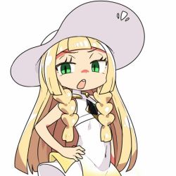 Rule 34 | 1girl, bare shoulders, blonde hair, blunt bangs, braid, cosplay, covered navel, creatures (company), dress, game freak, green eyes, half-closed eyes, hand on own hip, hat, kanikama, lillie (pokemon), long hair, looking at viewer, lowres, lusamine (pokemon), lusamine (pokemon) (cosplay), nintendo, pokemon, pokemon (anime), pokemon sm (anime), simple background, sleeveless, solo, sun hat, twin braids, white background, white hat