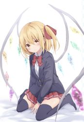 Rule 34 | 1girl, alternate costume, alternate eye color, bed, black jacket, black thighhighs, blonde hair, blush, bow, bowtie, breasts, buttons, closed mouth, collared jacket, collared shirt, commentary request, crystal, flandre scarlet, hair between eyes, hair ribbon, highres, hyurasan, jacket, jewelry, long sleeves, looking at viewer, medium breasts, multicolored wings, no headwear, no shoes, on bed, one side up, open clothes, open jacket, red bow, red bowtie, red ribbon, red skirt, ribbon, seiza, shirt, short hair, simple background, sitting, skirt, solo, thighhighs, touhou, white background, white shirt, wings, yellow eyes