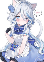 1girl alternate_costume animal_ears apron black_gloves blue_bow blue_bowtie blue_dress blue_eyes blue_gemstone blue_hair blue_pupils blush bow bowtie cat_ears cat_tail commentary_request dress drop-shaped_pupils enmaided frilled_apron frills furina_(genshin_impact) gem genshin_impact gloves hair_between_eyes highres hydro_symbol_(genshin_impact) kemonomimi_mode light_blue_hair long_hair looking_at_viewer maid maid_headdress meibi_1 multicolored_hair short_sleeves solo speech_bubble spoken_blush streaked_hair symbol-shaped_pupils tail twitter_username upper_body very_long_hair vision_(genshin_impact) white_apron white_hair