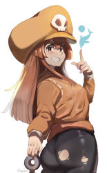 Rule 34 | anchor, ass, brown eyes, brown hair, dolphin, guilty gear, guilty gear strive, hat, highres, hood, hoodie, looking at viewer, looking back, may (guilty gear), orange headwear, orange hoodie, orange shirt, pirate hat, shirt, sho-n-d, skull and crossbones, torn clothes