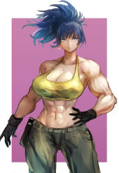 Rule 34 | 1girl, abs, absurdres, biceps, black gloves, blue eyes, blue hair, breasts, camouflage, camouflage pants, cargo pants, cleavage, collarbone, crop top, earrings, gloves, hatano kiyoshi, high ponytail, highres, jewelry, large breasts, leona heidern, medium breasts, muscular, muscular female, pants, simple background, solo, standing, tank top, the king of fighters, the king of fighters xv, triangle earrings, yellow tank top