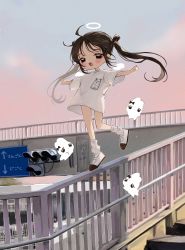 Rule 34 | 1girl, :d, absurdres, ahoge, angel, angel wings, backlighting, balancing, black eyes, blush, bridge, brown hair, child, day, detached wings, film grain, floating hair, full body, halo, highres, ishida umi, long hair, looking at viewer, mini wings, name tag, no pants, on railing, open mouth, original, outdoors, outstretched arms, oversized clothes, oversized shirt, rabbit, railing, road sign, see-through silhouette, shirt, shoes, short sleeves, sidelocks, sign, sky, smile, socks, solo, standing, standing on one leg, t-shirt, tiptoes, translated, twintails, white footwear, white shirt, white socks, white wings, wings