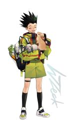 Rule 34 | 1boy, :d, ^ ^, absurdres, alternate costume, animal, backpack, bag, black eyes, black gloves, black shirt, calf socks, carrot, casual, closed eyes, fingerless gloves, food, full body, gloves, gon freecss, green hair, green jacket, green shorts, high collar, highres, holding, holding animal, hunter x hunter, jacket, long sleeves, male focus, open mouth, petting, rabbit, shirt, shoes, short hair, shorts, signature, simple background, smile, sneakers, socks, solo, spiked hair, standing, thigh strap, white background, white footwear, wzeck