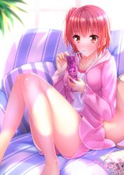 Rule 34 | 10s, 1girl, bad id, bad pixiv id, bed, black bra, blush, bra, cellphone, highres, indoors, jacket, knees up, legs, long legs, long sleeves, looking at viewer, phone, pillow, pink hair, plant, potted plant, red eyes, sitting, solo, swordsouls, tareme, underwear, yahari ore no seishun lovecome wa machigatteiru., yuigahama yui