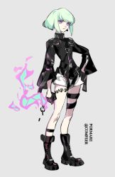 Rule 34 | 1boy, androgynous, belt, black gloves, comfeer, copyright name, gloves, green hair, half gloves, hand on own hip, highres, lio fotia, long sleeves, male focus, promare, purple eyes, short hair, shorts, solo