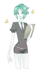 Rule 34 | 1other, androgynous, belfraaaaan, bug, butterfly, clipboard, colored eyelashes, crystal hair, gem uniform (houseki no kuni), green eyes, green hair, highres, houseki no kuni, bug, looking at viewer, necktie, open mouth, phosphophyllite, short hair, smile, solo, sparkle, white background