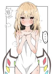 Rule 34 | !, !!, ..., 1girl, bare arms, bare shoulders, blonde hair, blush, bright pupils, closed mouth, collarbone, commentary request, covering breasts, covering privates, cowboy shot, crystal, flandre scarlet, full-face blush, hair between eyes, hair down, hands up, highres, long hair, looking at viewer, naked towel, nono54558, nose blush, pointy ears, puff of air, red eyes, shy, simple background, solo, speech bubble, spoken ellipsis, straight-on, touhou, towel, tsurime, wet, wet hair, white background, white pupils, wings