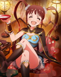 Rule 34 | 10s, 1girl, ^ ^, armlet, artist request, boots, brown eyes, brown hair, cape, closed eyes, heart, idolmaster, idolmaster million live!, jpeg artifacts, laughing, crossed legs, matsuda arisa, official art, sitting, skirt, twintails