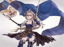 Rule 34 | 10s, 1girl, ahoge, armor, armored dress, blonde hair, blue eyes, breasts, cleavage, collarbone, dress, flag, flower, gauntlets, granblue fantasy, hair flower, hair ornament, hairband, holding, holding sword, holding weapon, jeanne d&#039;arc (granblue fantasy), lily (flower), long hair, medium breasts, open mouth, purple dress, short dress, solo, souten (bluesky145), sword, thighhighs, weapon