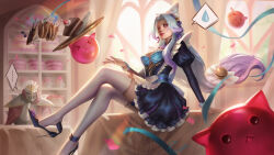 Rule 34 | ..., 1boy, 1girl, absurdres, alternate costume, apron, artist name, black footwear, breasts, cake, cake slice, closed mouth, english text, fingernails, food, high heels, highres, indoors, large breasts, league of legends, long hair, long sleeves, looking at viewer, maid, maid apron, mask, nail polish, on table, pink eyes, piscina, plate, red nails, shoe dangle, sitting, smile, syndra, table, thighhighs, white hair, white thighhighs, window, zed (league of legends)