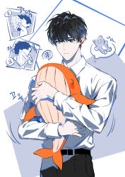 Rule 34 | 1boy, absurdres, black eyes, black hair, black pants, blue eyes, closed mouth, collared shirt, commentary request, duk xox, eoduun badaui deungbul-i doeeo, heterochromia, highres, holding, holding stuffed toy, korean commentary, korean text, long sleeves, male focus, pants, park moo-hyun, shirt, short hair, simple background, standing, stuffed animal, stuffed toy, stuffed whale, teddy bear, thought bubble, translation request, white background, white shirt