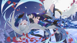 Rule 34 | 1girl, absurdres, artist request, black gloves, blue dress, blue sleeves, breasts, chinese clothes, closed mouth, crystal sword, detached sleeves, dress, gloves, hair between eyes, high-low skirt, high ponytail, highres, holding, holding sword, holding weapon, honkai: star rail, honkai (series), huge moon, jingliu (honkai: star rail), long hair, medium breasts, moon, pale skin, petals, red eyes, solo, sword, upside-down, weapon, white hair