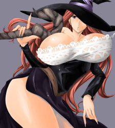 Rule 34 | 1girl, aoba shou, aowashou, bare shoulders, breasts, brown hair, cleavage, curvy, detached sleeves, dragon&#039;s crown, dress, hat, hat over one eye, highres, huge breasts, long hair, long skirt, one eye covered, red hair, side slit, simple background, skirt, solo, sorceress (dragon&#039;s crown), staff, standing, strapless, strapless dress, thighs, vanillaware, weapon, witch, witch hat