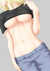 Rule 34 | 1girl, arm at side, black shirt, blonde hair, breasts, clothes lift, covered erect nipples, cowboy shot, denim, dutch angle, grey background, hand up, head out of frame, highres, jeans, long hair, medium breasts, navel, niwatazumi, no bra, original, pants, parted lips, shirt, shirt lift, short sleeves, simple background, solo, standing, stomach, underboob