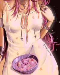 Rule 34 | 1girl, absurdres, artist name, bowl, bracelet, camisole, commentary, cross, cross necklace, english commentary, food, highres, jewelry, long hair, necklace, original, pink hair, ring, shyvenn, sitting, solo, spoon, watermark, white camisole