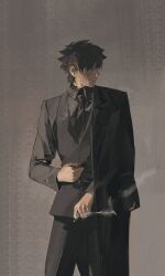 Rule 34 | 1boy, black hair, black jacket, black necktie, black pants, cigarette, commentary, cqqqqdaze, emiya kiritsugu, facial hair, fate/zero, fate (series), formal, grey background, highres, holding, holding cigarette, jacket, jacket on shoulders, looking to the side, necktie, pants, profile, short hair, simple background, smoke, smoking, solo, standing, stubble