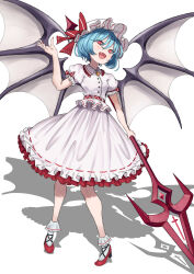 Rule 34 | 1girl, :d, absurdres, arm up, bat wings, belt, beriko (dotera house), blue hair, bobby socks, bow, brooch, buttons, collared shirt, fang, frilled shirt, frilled shirt collar, frilled skirt, frilled sleeves, frills, full body, hair over eyes, hat, hat bow, high heels, highres, holding, holding weapon, jewelry, mob cap, open mouth, puffy short sleeves, puffy sleeves, red belt, red bow, red eyes, red footwear, remilia scarlet, shadow, shirt, shoes, short hair, short sleeves, skirt, skirt set, smile, socks, solo, spear the gungnir, touhou, weapon, white background, white hat, white shirt, white skirt, white socks, wings
