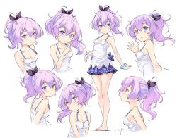 Rule 34 | 1girl, azur lane, bare arms, bare legs, bare shoulders, barefoot, blue eyes, blush, breasts, camisole, collage, cropped torso, embarrassed, full body, gloves, hair between eyes, hair ribbon, javelin (azur lane), looking at viewer, looking back, medium hair, miniskirt, moupii (hitsuji no ki), multiple views, petite, plaid, plaid skirt, profile, purple eyes, purple hair, ribbon, signature, single glove, skirt, small breasts, smile, spaghetti strap, upper body, waving, white camisole, white gloves, wide ponytail