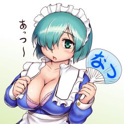 Rule 34 | 1girl, aqua hair, blush, breasts, cleavage, collarbone, commentary request, gradient background, hair over one eye, hand fan, holding, holding fan, large breasts, long bangs, long sleeves, looking at viewer, maid headdress, my maid (orizen), open mouth, original, orizen, paper fan, solo, sweat, translation request, upper body, white background