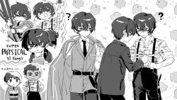 Rule 34 | 5boys, ?, akantai, bird, book, camouflage, chainsword, chick, coat, coat on shoulders, formal, greyscale, grin, hand up, holding, holding book, library of ruina, limbus company, long sleeves, monochrome, multiple boys, multiple persona, necktie, open mouth, parted lips, project moon, rain (project moon), smile, starbuck (project moon), suit, tape measure, thinking, vest, yi sang (project moon)