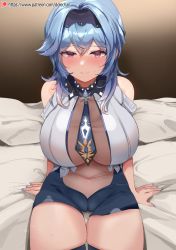 Rule 34 | 1girl, bed sheet, blue hair, blue nails, blue necktie, blue shorts, blue thighhighs, blush, bodystocking, breasts, brown background, cameltoe, center opening, closed mouth, commentary, covered navel, cowboy shot, crossed bangs, dolechan, english commentary, eula (genshin impact), genshin impact, gradient background, gradient hair, hair between eyes, hair intakes, hairband, korean commentary, large breasts, light blue hair, light purple hair, looking at viewer, medium hair, mixed-language commentary, multicolored hair, nail polish, necktie, on bed, patreon username, pillow, purple eyes, shirt, short shorts, shorts, simple background, sitting, skindentation, sleeveless, sleeveless shirt, solo, sweat, sweatdrop, thigh gap, thighhighs, thighs, two-tone hair, watermark, web address, white shirt