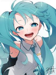 Rule 34 | 1girl, 2021, absurdres, armpit crease, arms behind back, bare shoulders, bent over, blue eyes, blue necktie, breasts, bright pupils, collared shirt, dated, detached sleeves, floating hair, happy, hatsune miku, highres, light blush, long hair, looking at viewer, necktie, odd (miyoru), open mouth, round teeth, shirt, simple background, sleeveless, sleeveless shirt, small breasts, smile, solo, swept bangs, teeth, tsurime, twintails, upper body, upper teeth only, very long hair, vocaloid, white background, white pupils, white shirt