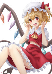 Rule 34 | 1girl, :d, absurdres, ascot, ass, bare legs, blonde hair, blush, bow, breasts, commentary request, crystal, eyebrows hidden by hair, feet out of frame, flandre scarlet, frilled shirt collar, frills, hands up, happy, hat, hat bow, highres, knees together feet apart, laevatein (touhou), midriff, mob cap, nao suke, one side up, open mouth, petticoat, puffy short sleeves, puffy sleeves, red bow, red eyes, red skirt, red vest, short hair, short sleeves, simple background, skirt, skirt set, small breasts, smile, solo, teeth, touhou, upper teeth only, vest, white background, white hat, wings, yellow ascot