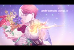 Rule 34 | 1boy, blue eyes, boku no hero academia, bouquet, burn scar, closed mouth, commentary, confetti, element bending, fire, flower, green ribbon, happy birthday, heterochromia, highres, holding, holding bouquet, ko10 02, letterboxed, looking at viewer, male focus, multicolored hair, orange flower, pink flower, purple background, pyrokinesis, red flower, red hair, red rose, ribbon, rose, scar, scar across eye, scar on face, short hair, solo, split-color hair, todoroki shouto, two-tone hair, white flower, white hair, white rose, wristband, yellow flower