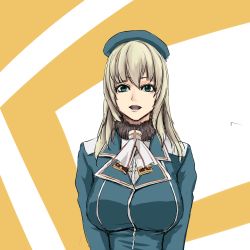 Rule 34 | 10s, 1girl, atago (kancolle), bad id, bad pixiv id, beret, blonde hair, breasts, brown background, green eyes, hat, kantai collection, kunori (tui0000), large breasts, long hair, long sleeves, looking at viewer, military, military uniform, open mouth, simple background, sketch, solo, taut clothes, uniform, upper body, white background