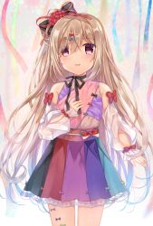 Rule 34 | 1girl, :d, bad id, bad pixiv id, bare shoulders, black bow, blue bow, blush, bow, commentary request, cowboy shot, dress, hair between eyes, hair bow, hair ornament, hairclip, hand up, light brown hair, long hair, long sleeves, multicolored clothes, multicolored dress, obi, open mouth, original, puffy long sleeves, puffy sleeves, red bow, red eyes, sash, see-through, see-through sleeves, shikino (sikinonono), sleeveless, sleeveless dress, sleeves past wrists, smile, solo, very long hair
