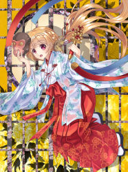 Rule 34 | 1girl, :o, animal, animal on shoulder, bell, blonde hair, braid, chihaya (clothing), chinese zodiac, commentary request, floating hair, floral background, from side, full body, hakama, hakama skirt, holding, holding mask, japanese clothes, jingle bell, kagura suzu, kimono, legs up, long hair, low twintails, mask, minato miku, monkey, monkey mask, official art, open mouth, pink eyes, red skirt, sandals, shio kouji (shiokojii), shizuku no oto, silhouette, skirt, thick eyebrows, twintails, very long hair, white legwear, wide sleeves, year of the monkey, yellow background