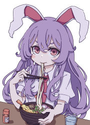 Rule 34 | 1girl, absurdres, animal ears, blush stickers, chopsticks, closed mouth, collared shirt, cup, drinking glass, eating, food, hair between eyes, highres, holding, holding chopsticks, kame (kamepan44231), light purple hair, long hair, necktie, noodles, rabbit ears, red eyes, red necktie, reisen udongein inaba, shirt, short sleeves, simple background, solo, touhou, udon, water, white background, white shirt