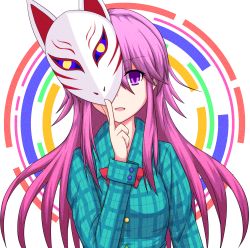 Rule 34 | 1girl, blue shirt, bow, fox mask, hakuhou (ende der welt), hata no kokoro, highres, long hair, long sleeves, looking at viewer, mask, one eye covered, open mouth, pink hair, plaid, plaid shirt, purple eyes, shirt, simple background, smile, solo, touhou, upper body
