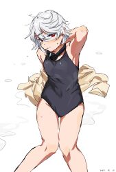 Rule 34 | 1girl, highres, one-piece swimsuit, red eyes, shy (character), shy (series), sitting, solo, swimsuit, takatisakana, wet, white hair