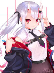 Rule 34 | 1girl, belt, black belt, black choker, black jacket, black necktie, black skirt, blush, breasts, choker, closed mouth, collared shirt, commentary, dated, earrings, gradient hair, hair ornament, highres, hololive, horns, jacket, jewelry, long hair, looking at viewer, miniskirt, multicolored hair, nakiri ayame, nakiri ayame (streetwear), necktie, off shoulder, official alternate costume, open clothes, open jacket, pleated skirt, pooh 1140920, red eyes, red hair, shirt, shirt tucked in, short necktie, signature, silver hair, simple background, skin-covered horns, skirt, sleeveless, sleeveless shirt, small breasts, smile, solo, strap, streaked hair, triangle earrings, twintails, two-sided fabric, two-sided jacket, two-tone hair, unzipped, upper body, virtual youtuber, white background, white shirt, wing collar, x hair ornament