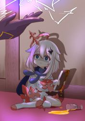 Rule 34 | 2girls, absurdres, blue eyes, book, commentary request, cup, drinking glass, electricity, genshin impact, gloves, halo, highres, holding, holding book, indoors, lisa (genshin impact), long hair, long sleeves, multiple girls, paimon (genshin impact), scared, shaded face, shadow, single thighhigh, sitting, solo focus, spill, thighhighs, trembling, wariza, wataru (nextlevel), white hair, white legwear
