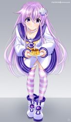 Rule 34 | bowing, breasts, candle, choker, cleavage, collar, food, hair ornament, hairclip, helvetica sta, helvetica std, highres, leggings, long hair, medium breasts, nepgear, neptune (series), plate, pudding, purple eyes, purple hair, ribbon, shirt, shoes, smile, thighhighs, thighs