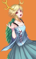 Rule 34 | 1girl, :o, antlers, arm up, blonde hair, blue ribbon, blue shirt, blue skirt, breasts, commentary request, cross-laced clothes, dragon girl, dragon horns, dragon tail, eyelashes, fingernails, green skirt, highres, horns, kicchou yachie, lips, looking at viewer, orange background, pleated skirt, puffy short sleeves, puffy sleeves, re (re 09), red eyes, ribbon, shirt, short hair, short sleeves, sidelocks, simple background, skirt, slit pupils, small breasts, smile, solo, standing, tail, teeth, tongue, touhou, turtle shell, upper teeth only, wide sleeves