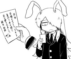 Rule 34 | 1girl, animal ears, brooch, rabbit ears, commentary, congratulations, expressionless, greyscale, hair over one eye, jewelry, kamen rider, letter, long hair, long sleeves, monochrome, multiple views, necktie, nicetack, reading, reisen udongein inaba, simple background, touhou, translation request, uniform