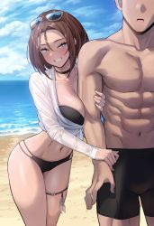 Rule 34 | 1boy, 1girl, abs, aqua eyes, arm between breasts, arm grab, banned artist, bare hips, beach, between breasts, biceps, bikini, black bikini, breast press, breasts, brown hair, choker, clothing cutout, collar, eyewear on head, green eyes, grin, jagaimo (kkamja), jung yujin (jagaimo (kkamja)), large breasts, legs together, looking at another, looking to the side, multi-strapped bikini, naughty face, navel, open mouth, original, seductive smile, see-through, shirt, side cutout, smile, sunglasses, swimsuit, thigh strap, thighs, white shirt