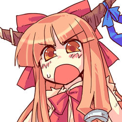 Rule 34 | 1girl, bow, bowtie, female focus, hair bow, hair tubes, horn ornament, horns, ibuki suika, looking at viewer, lowres, orange eyes, orange hair, red bow, red bowtie, ribbon, simple background, solo, stroma, sweatdrop, touhou, white background