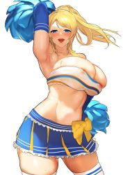 Rule 34 | 1girl, absurdres, aji (sakanaaj1), areola slip, arm behind head, arm up, armpits, ayase eli, bandeau, bare shoulders, blonde hair, blue eyes, blue skirt, blush, breasts, cheerleader, cleavage, collarbone, covered erect nipples, highres, holding, holding pom poms, large breasts, long hair, looking at viewer, love live!, love live! school idol project, miniskirt, navel, open mouth, pom pom (cheerleading), pom poms, ponytail, sidelocks, skirt, smile, solo, sweat, swept bangs, thighhighs, thighs, white thighhighs