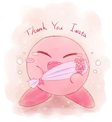 Rule 34 | blush stickers, bouquet, closed eyes, crying, english text, flower, full body, gradient background, holding, iwata satoru, kirby, kirby (series), kotomuku, nintendo, no humans, open mouth, solo, tears, thank you